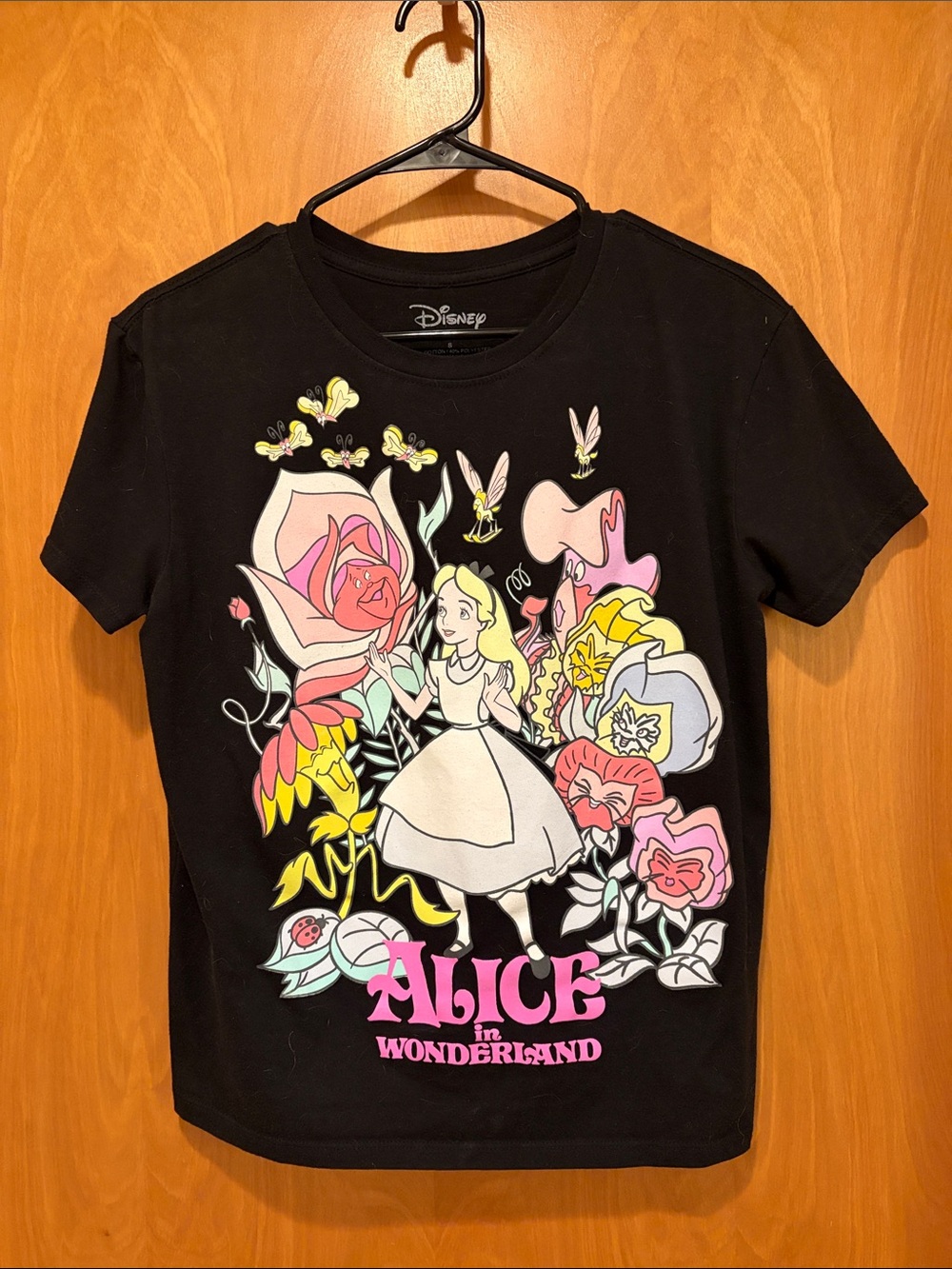 Disney Black Alice in Wonderland Graphic Tee with Pastel Floral Art
